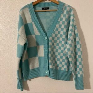 Witty Fox Cardigan Sweater Womens Size S Retro Blue and White Geometric Style